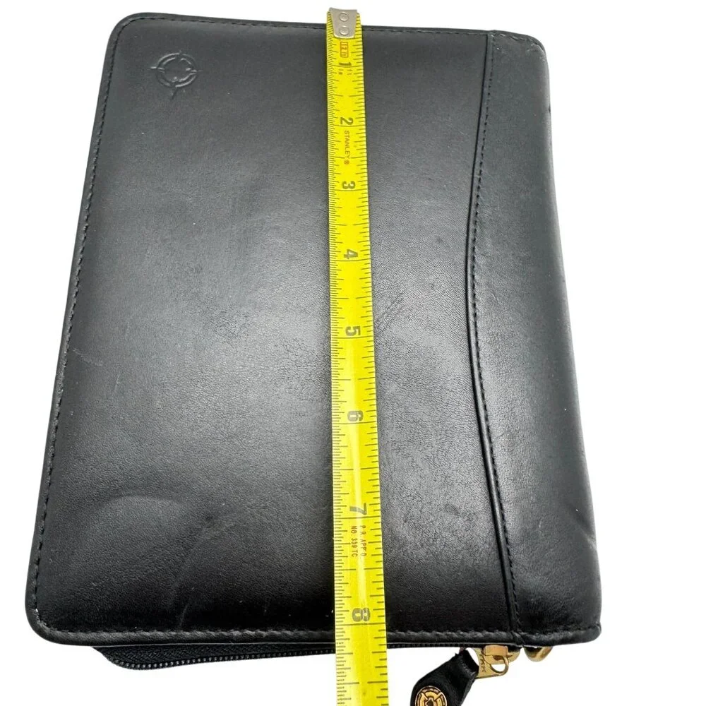 Franklin Quest Vtg Black Full Grain Leather Pocket Page Siz 6 Ring Zip Binder